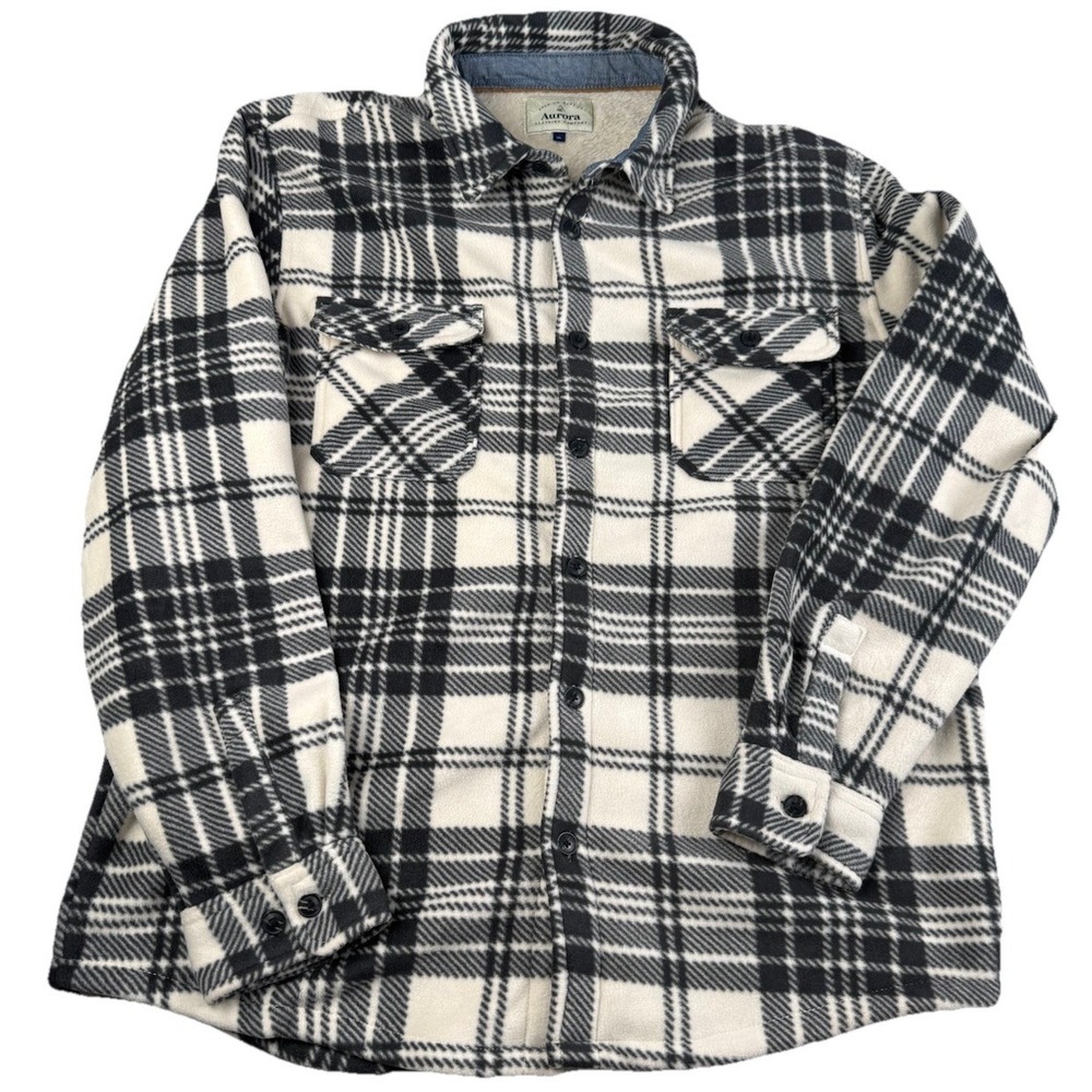 Sherpa Lined Plaid Flannel Jacket XL Black White Button Front Cozy Shirt Jacket